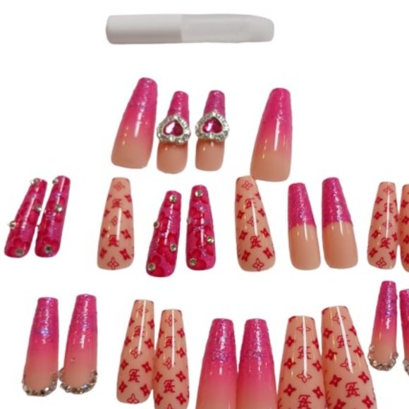 Pink Crystal Embellished Press-On Nails – 24 Piece Set with Logos - Picture 2 of 7